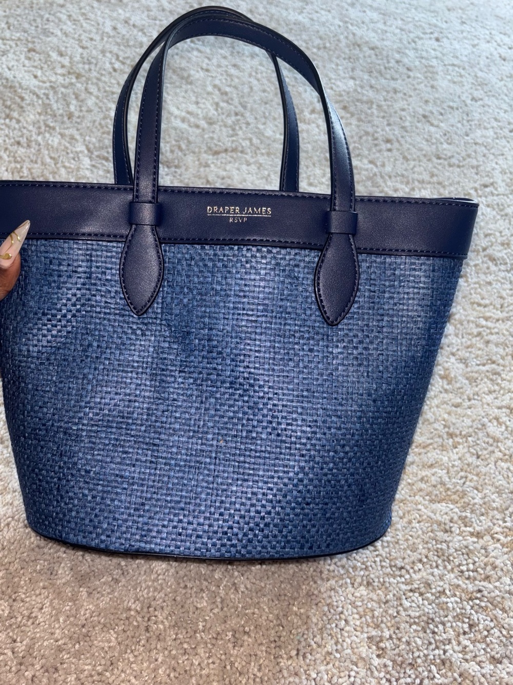 Draper James RSVP Blue Woven Straw Basket Bag Gingham Drawstring Tote Pouch